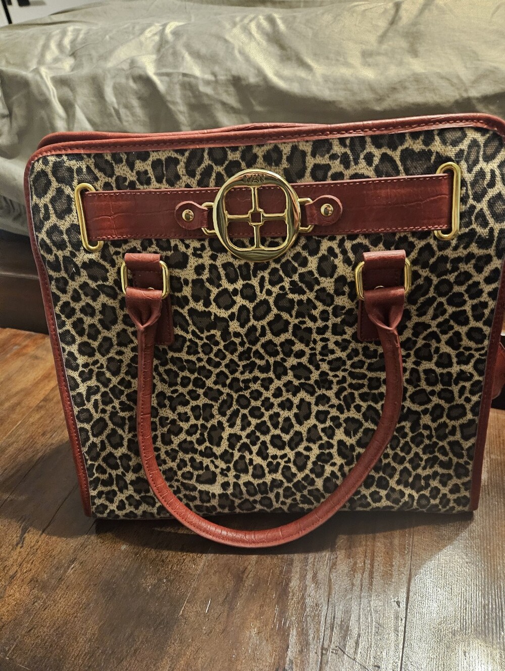 Iman Leopard Print Satchel Handbag with Burgundy Trim